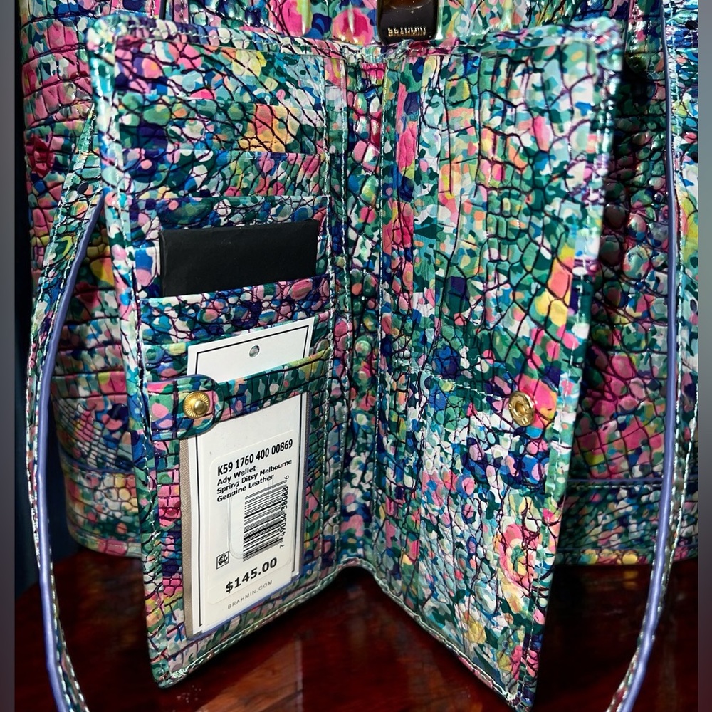 New Brahmin Leather 3-Pc Set, FIORA Shoulder Bag & 2 Wallets, Spring Ditsy - Picture 10 of 14